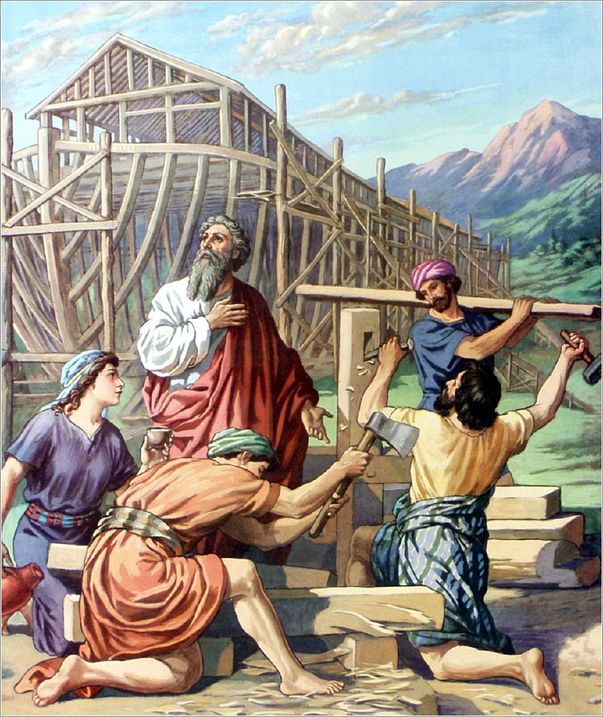 Noah, his wife, and his three sons: Shem, Ham and Japheth at the altar making a sacrifice to the Lord.
